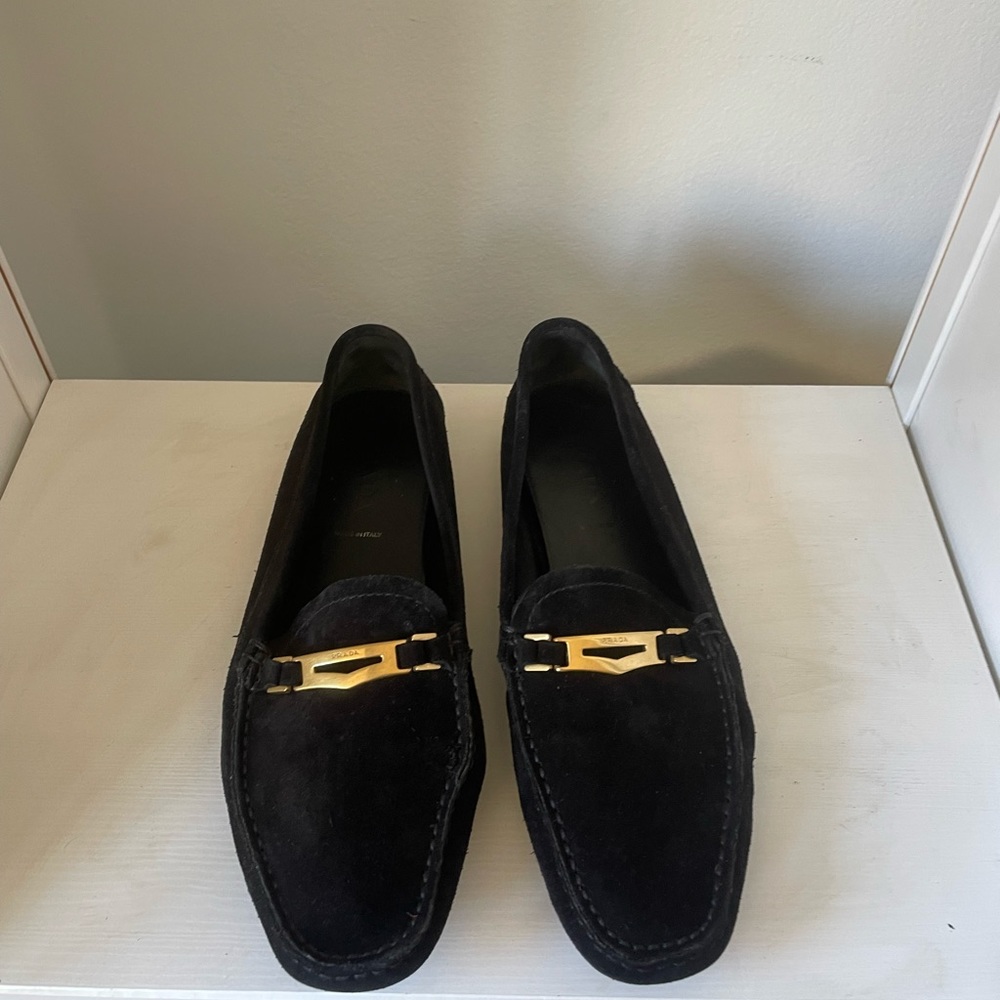 Prada Black Suede Loafers with Gold Hardware Size 10.5